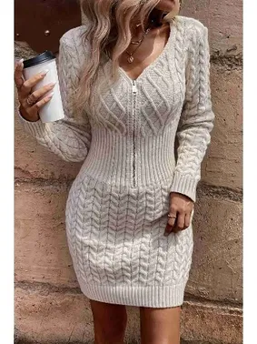 Merry See Uzun Kollu Fermuarlı Triko Örme Mini Elbise Bej Merry See MS3802 Bej