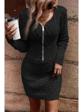 Merry See Uzun Kollu Fermuarlı Triko Örme Mini Elbise Siyah Merry See MS3802 Siyah