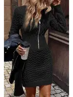 Uzun Kollu Fermuarlı Triko Örme Mini Elbise Siyah Merry See MS3802 Siyah Siyah görsel 4