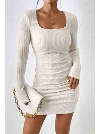 Merry See Uzun Kollu Özel Kumaş Mini Elbise Bej Merry See MS2958 Bej