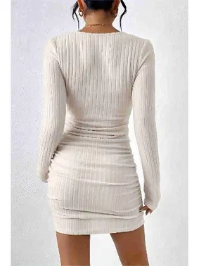 Merry See Uzun Kollu Özel Kumaş Mini Elbise Bej Merry See MS2958 Bej - Alternatif Görünüm