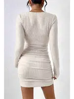 Uzun Kollu Özel Kumaş Mini Elbise Bej Merry See MS2958 Bej Bej detay görünüm