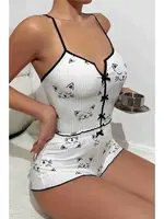 Yavru Kedi Baskılı Askılı Şortlu Pijama Takımı Merry See 2382 Beyaz görsel 4