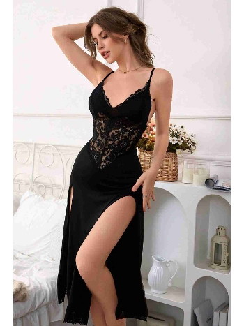 Yırtmaçlı Dantelli Uzun Gecelik Siyah Merry See MS4424 Siyah