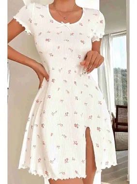 Merry See Yırtmaçlı Kısa Kollu Pijama Gecelik Beyaz Merry See MS4022 Beyaz