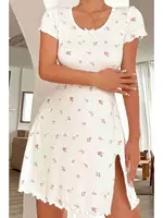 Yırtmaçlı Kısa Kollu Pijama Gecelik Beyaz Merry See MS4022 Beyaz Beyaz görsel 4