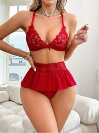 İzabel Midi Kırmızı Dantelli Tül Seksi Sütyen Etek Takım İzabel 13002