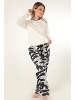 Uzun Kollu Desenli Kadın Pijama Takımı Miorre 001-015072 Ekru
