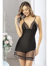 Miss Laris Transparan Detaylı Dekolteli Saten Gecelik Miss Laris 2017