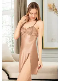 Miss Laris Derin Yırtmaçlı Askılı Saten Gecelik Miss Laris 2079