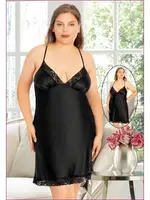 Siyah Dantel Kenarlı Büyük Beden Saten Gecelik Miss Laris 4028 Siyah
