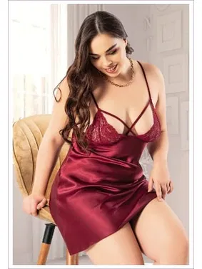 Miss Laris Bordo İpli Dekolteli Battal Beden Saten Gecelik Miss Laris 4037 - Alternatif Görünüm