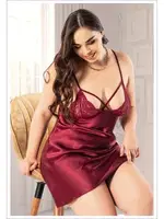 Bordo İpli Dekolteli Battal Beden Saten Gecelik Miss Laris 4037 Bordo detay görünüm