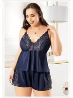 Lacivert Büyük Beden Kadın Saten Şortlu Takım Miss Laris 4243 Lacivert detay görünüm