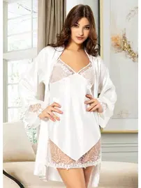 Miss Laris Beyaz Tül Dekolteli İkili Saten Takım Miss Laris 5021