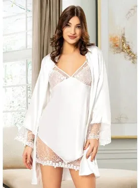 Miss Laris Beyaz Tül Dekolteli İkili Saten Takım Miss Laris 5021 - Alternatif Görünüm