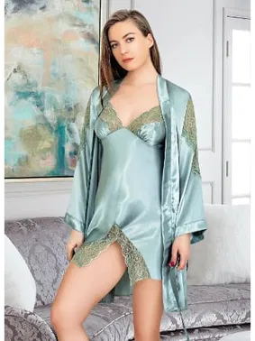 Miss Laris Asimetrik Dantelli İkili Saten Gecelik Takım Miss Laris 5037 - Alternatif Görünüm