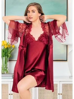 Miss Laris Bordo Tül Dantelli Kadın İkili Saten Takım Miss Laris 5043 - Alternatif Görünüm