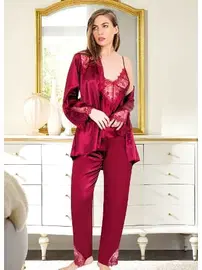 Miss Laris 3Lü Saten Kadın Dantelli Pijama Takım Miss Laris 5045