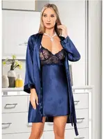 Dantelli İnce Askılı 2'li Saten Gecelik Takım Miss Laris 5051 Lacivert