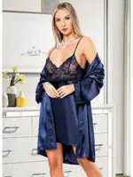 Dantelli İnce Askılı 2'li Saten Gecelik Takım Miss Laris 5051 Lacivert detay görünüm