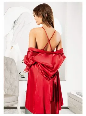 Miss Laris Asimetrik Kesim Fırfırlı Saten Kadın Sabahlık Gecelik Takım Miss Laris 5063 - Alternatif Görünüm