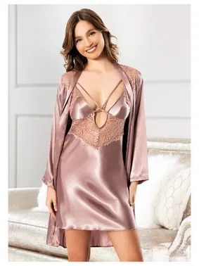 Miss Laris Göğüs Dekolteli Dantelli Saten Gecelik Sabahlık Takım Miss Laris 5071 - Alternatif Görünüm