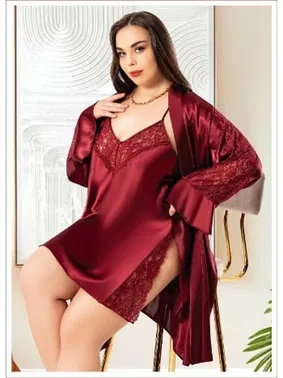 Miss Laris Derin Yırtmaçlı Büyük Beden Bayan İkili Saten Gecelik Takım Miss Laris 6010