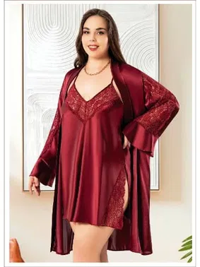 Miss Laris Derin Yırtmaçlı Büyük Beden Bayan İkili Saten Gecelik Takım Miss Laris 6010 - Alternatif Görünüm