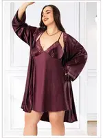 Büyük Beden Dantelli Saten Gecelik Sabahlık Takım Miss Laris 6013 Görsel detay görünüm