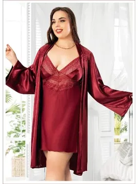 Miss Laris Bordo Kadın İkili Saten Takım Büyük Beden Miss Laris 6015