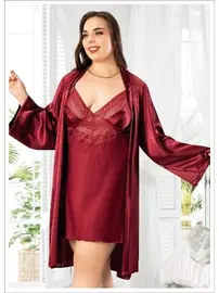 Miss Laris Bordo Kadın İkili Saten Takım Büyük Beden Miss Laris 6015