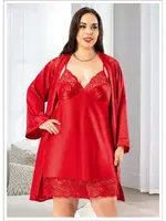 Sabahlıklı Battal Beden Kırmızı İkili Saten Takım Miss Laris 6017 Görsel