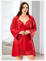 Sabahlıklı Battal Beden Kırmızı İkili Saten Takım Miss Laris 6017 Görsel detay görünüm