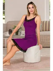 Lady Mor Dantelli İnce Askılı Kadın Viskon Tunik Gecelik  Lady 5522