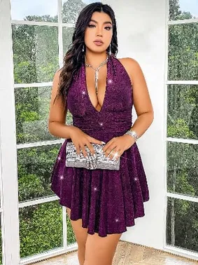 Pink Night Mor Işıltılı Boyundan Bağlamalı Seksi Mini Büyük Beden Kulüp Elbise Pink Night 6511