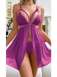 Ruselin Mor Tül Dantelli İp Detaylı Kısa Fantezi Gecelik Ruselin 2190