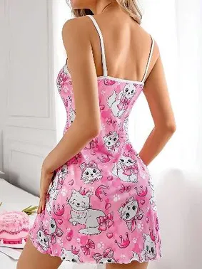 NightLight Kedi Desenli Pembe Erotik Kadın Gecelik NightLight 3738 - Alternatif Görünüm