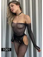 Omuz Dekletli Uzun Kollu File Taşlı Vücut Çorabı Miss Feliz 1001