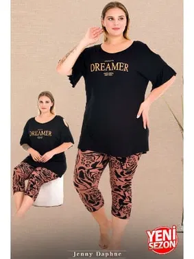 Lady Omuz Dekolteli Büyük Beden Desenli Bisiklet Yaka Kısa Kollu Kapri Pijama Takımı Lady 10733