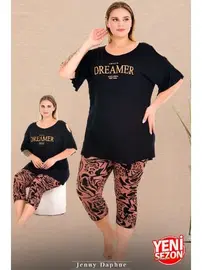 Lady Omuz Dekolteli Büyük Beden Desenli Bisiklet Yaka Kısa Kollu Kapri Pijama Takımı Lady 10733