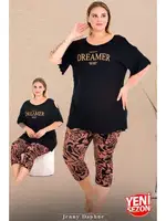 Omuz Dekolteli Büyük Beden Desenli Bisiklet Yaka Kısa Kollu Kapri Pijama Takımı Lady 10733 Siyah