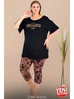 Omuz Dekolteli Büyük Beden Desenli Bisiklet Yaka Kısa Kollu Kapri Pijama Takımı Lady 10733 Siyah farklı açı