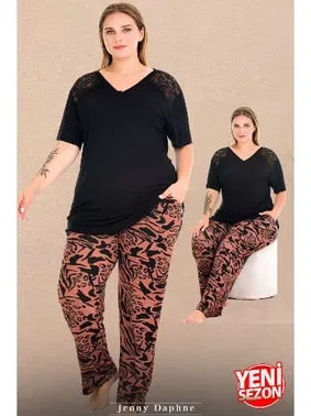 Lady Omuzlar Dantelli V Yaka Kısa Kollu Büyük Beden Desenli Pijama Takımı Lady 11017 