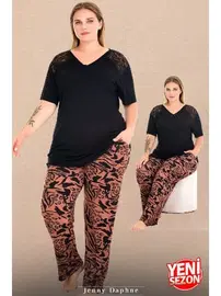 Lady Omuzlar Dantelli V Yaka Kısa Kollu Büyük Beden Desenli Pijama Takımı Lady 11017 