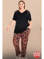 Omuzlar Dantelli V Yaka Kısa Kollu Büyük Beden Desenli Pijama Takımı Lady 11017  Siyah detay görünüm