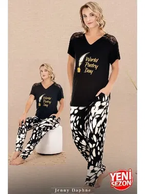 Lady Omuzlar Dantelli V Yaka Kısa Kollu Pijama Takımı Lady 12589 