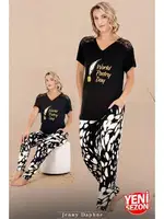 Omuzlar Dantelli V Yaka Kısa Kollu Pijama Takımı Lady 12589  Siyah