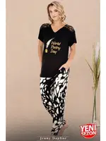 Omuzlar Dantelli V Yaka Kısa Kollu Pijama Takımı Lady 12589  Siyah detay görünüm