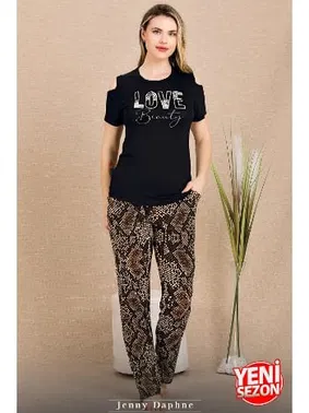 Lady Omuzları Açık Bisiklet Yaka Kısa Kollu Desenli Pijama Takımı Lady 12664 - Alternatif Görünüm